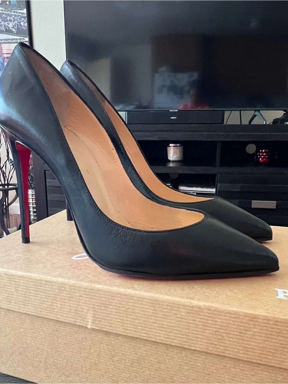 Christian Louboutin Pigalle Follies 100 Napa Shiny Black Leather Pointed Pumps